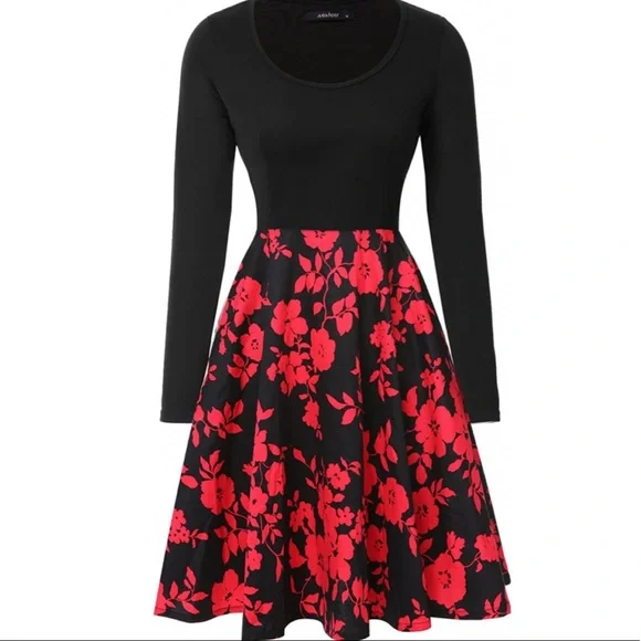 Mixfeer Dresses | Mixfeer Vintage Floral Long Sleeve A-Line Cocktail Party Midi Dress with Pockets | Color: Black/Red | Size: L | Tbankson's Closet